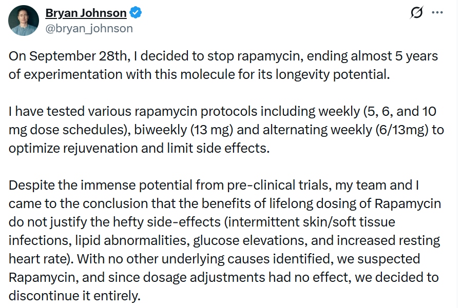 Bryan Johnson dừng sử dụng rapamycin Bryan Johnson gặp tác dụng phụ rapamycin