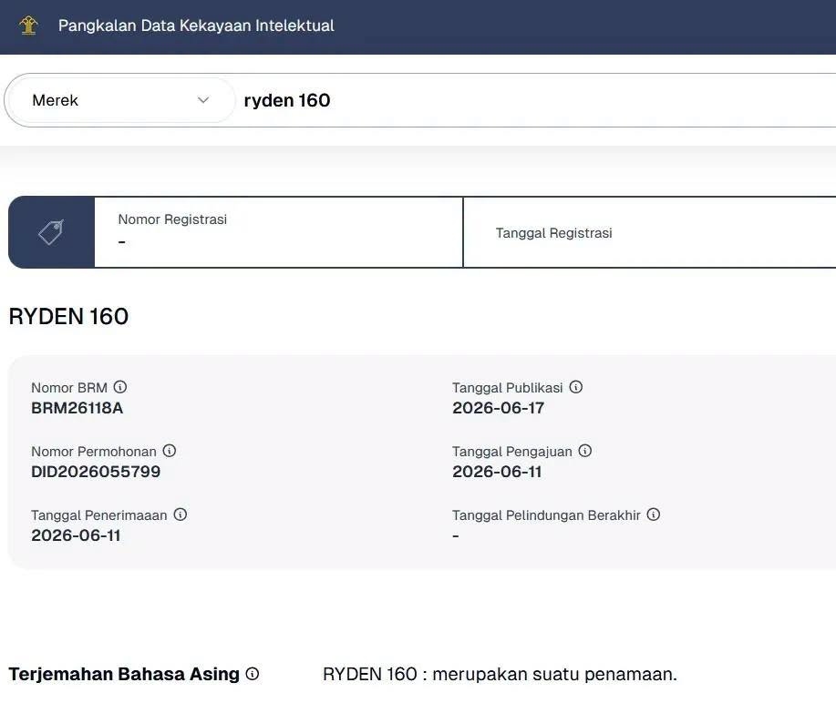 Honda Nhật Bản đã đăng ký nhãn hiệu cho cái tên mới Honda Ryden 160 tại thị trường Indonesia. Honda Ryden 160 đăng ký nhãn hiệu tại Indonesia
